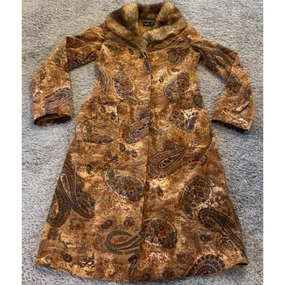 agnès b. Women's Long Tapestry Coat Faux Fur Collar Paisley France
